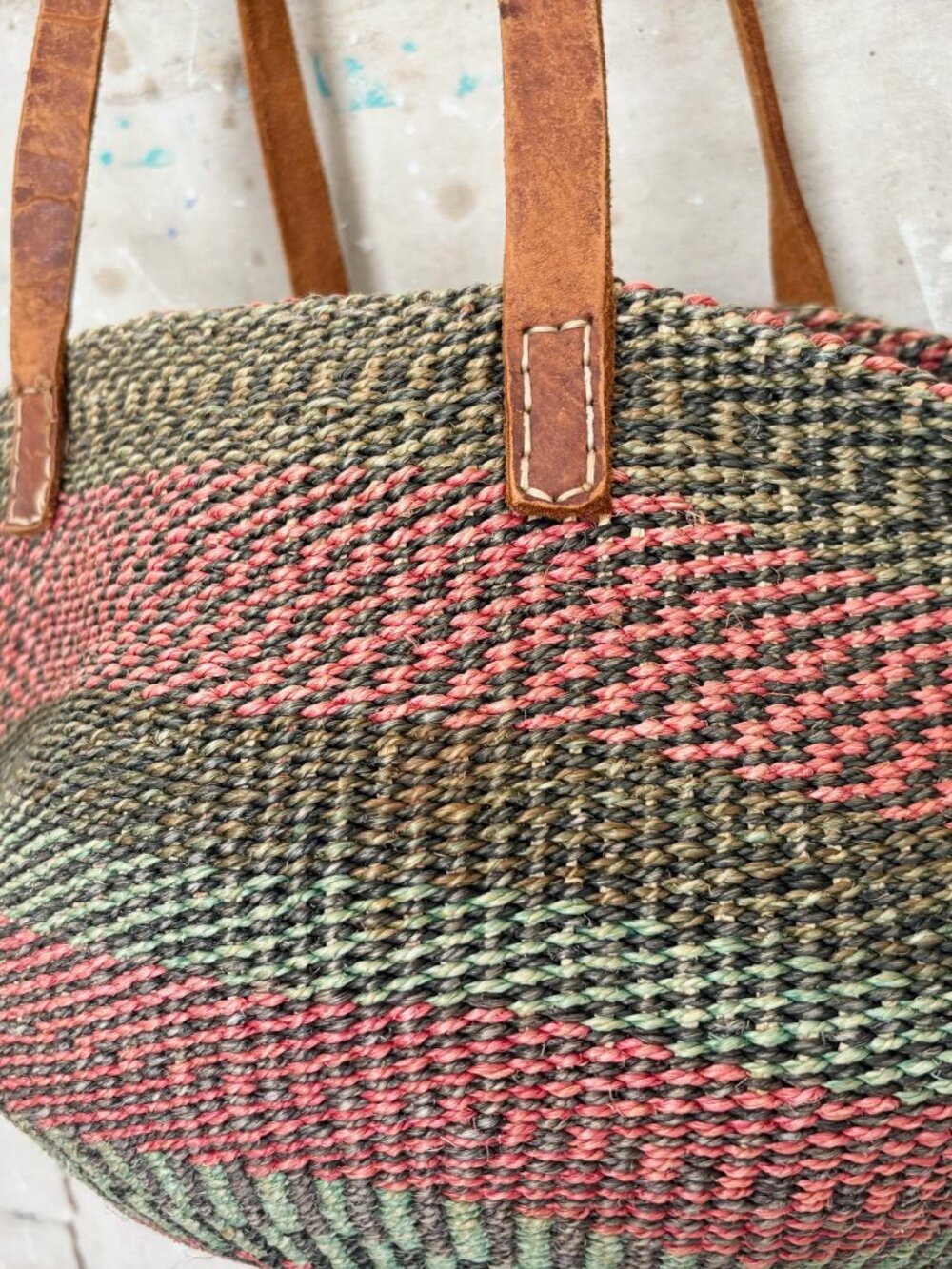Sisal Market Jute Leather Shoulder Bag Tote Bag Vintage - Picture 4 of 8